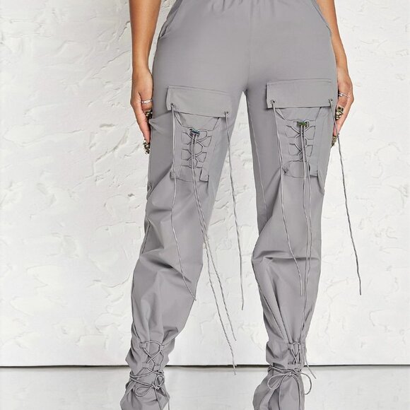 Grey Casual Womens Flap Pocket Side Drawstring Hem Cargo Pants - Picture 3 of 5